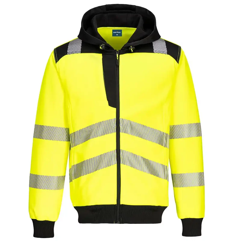 PORTWEST PW3 Hi-Vis zippzáras kapucnis pulóver sárga-fekete, narancs-fekete